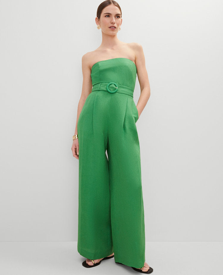Belted Strapless Linen Blend Jumpsuit