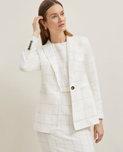 The Fitted One Button Blazer in Windowpane Linen Blend