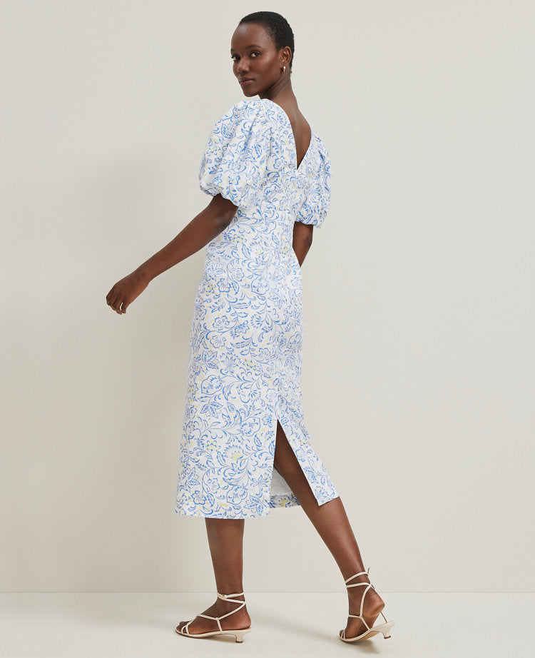 Floral Linen Blend Puff Sleeve Sheath Dress