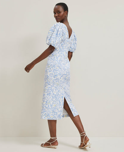 Floral Linen Blend Puff Sleeve Sheath Dress