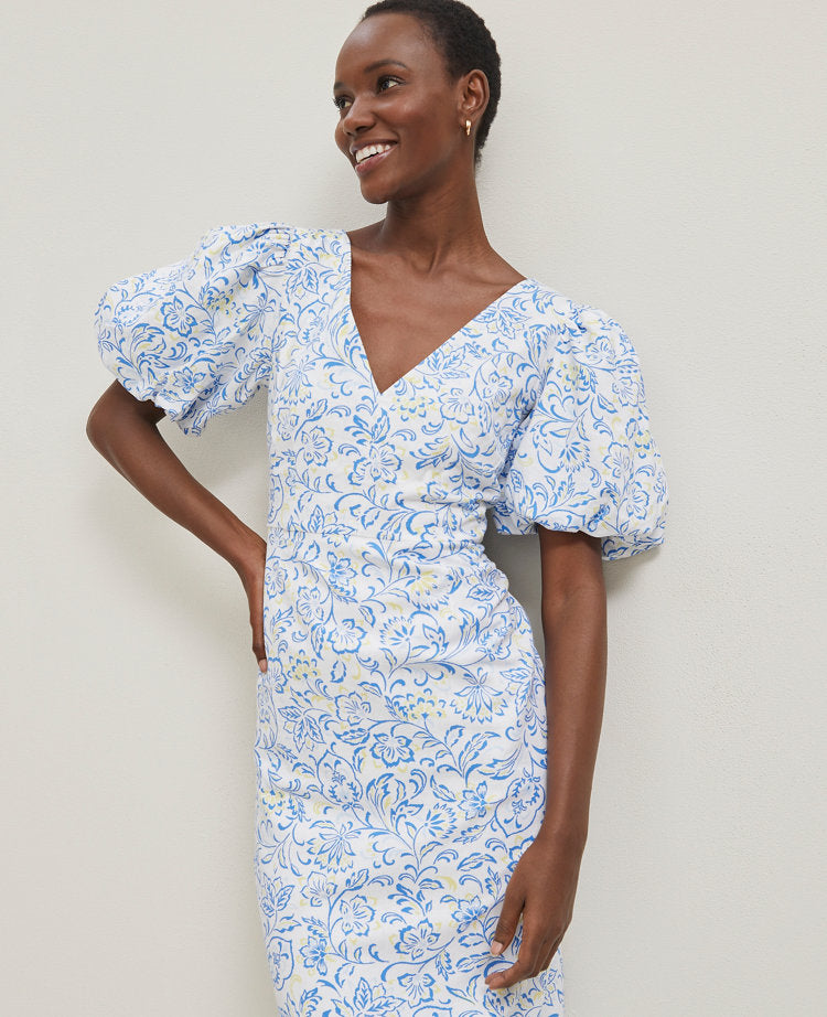Floral Linen Blend Puff Sleeve Sheath Dress