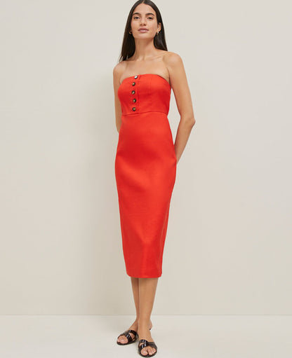 The Petite Buttoned Strapless Dress in Linen Blend