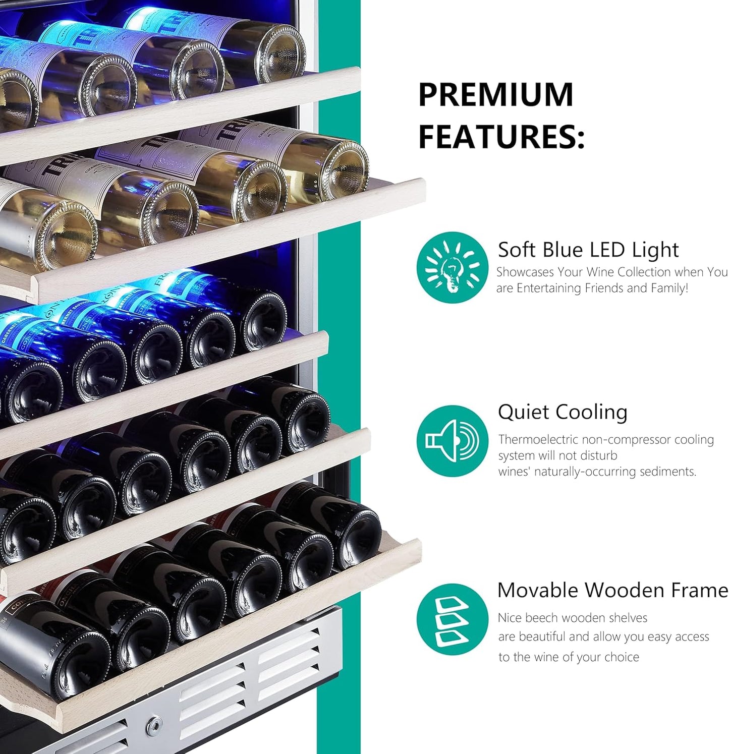 Kalamera 24 inch Wine Cooler, 46 Bottle - Dual Zone Built-in or Freestanding Fridge with Stainless Steel Reversible Glass Door, for Home, Kitchen, or Office.