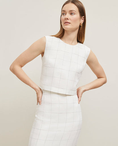 The Petite Button Back Cropped Top in Windowpane Linen Blend