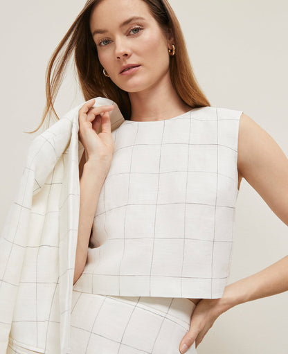 The Petite Button Back Cropped Top in Windowpane Linen Blend