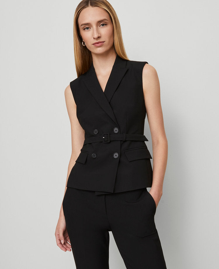 Petite Belted Double Breasted Vest in Seasonless Stretch