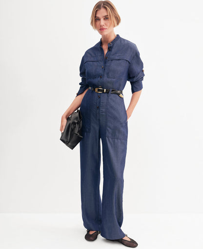 Weekend Collection Chambray Stand Collar Jumpsuit