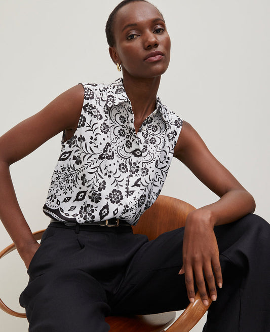 Petite Tiled Shirred Sleeveless Shirt