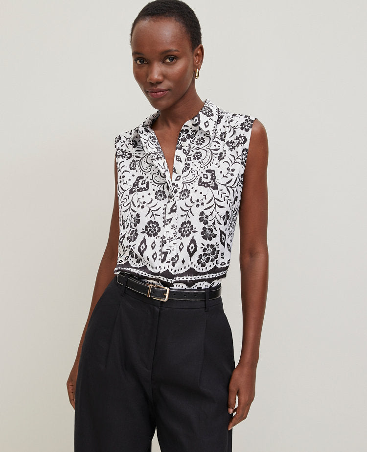 Petite Tiled Shirred Sleeveless Shirt