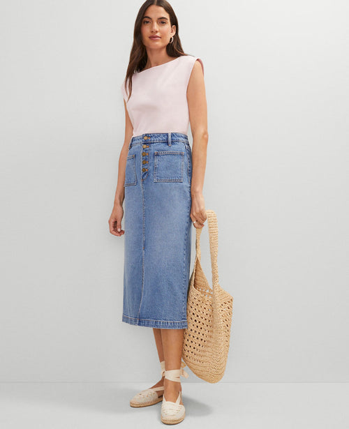 Petite Weekend Collection Patch Pocket Denim Midi Skirt