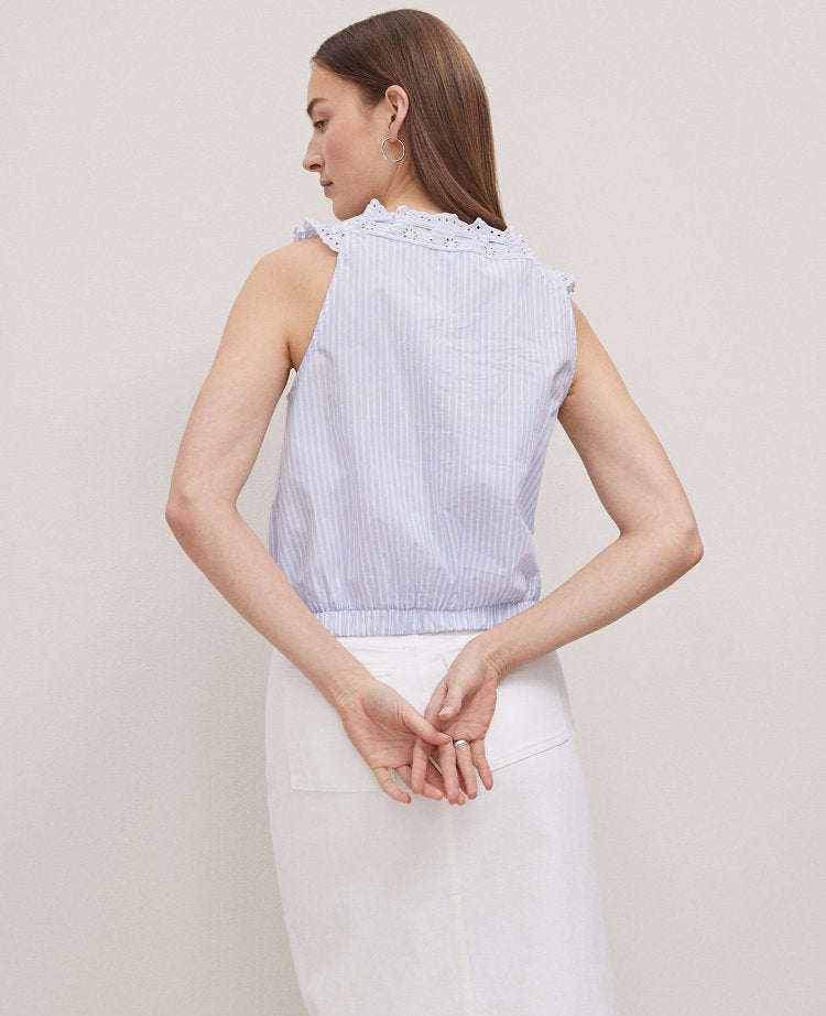 Weekend Collection Striped Eyelet Tie Neck Top