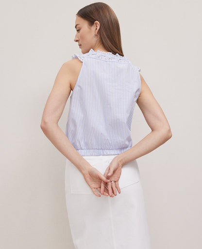Weekend Collection Striped Eyelet Tie Neck Top