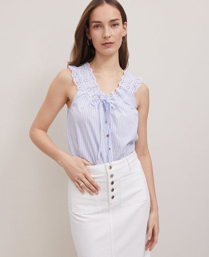 Weekend Collection Striped Eyelet Tie Neck Top