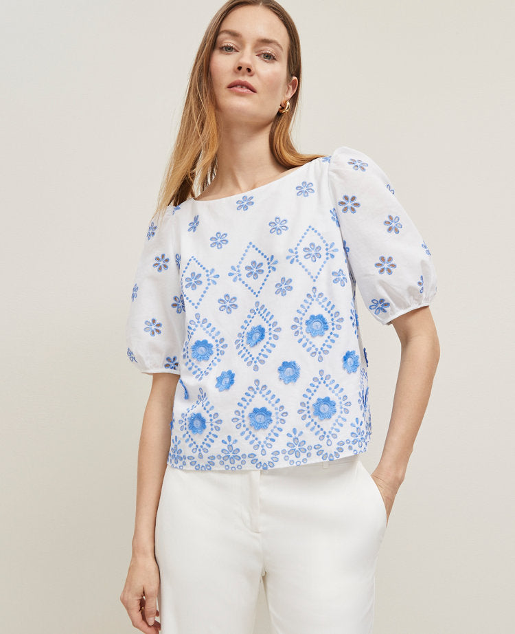 Geo Embroidered Boatneck Popover