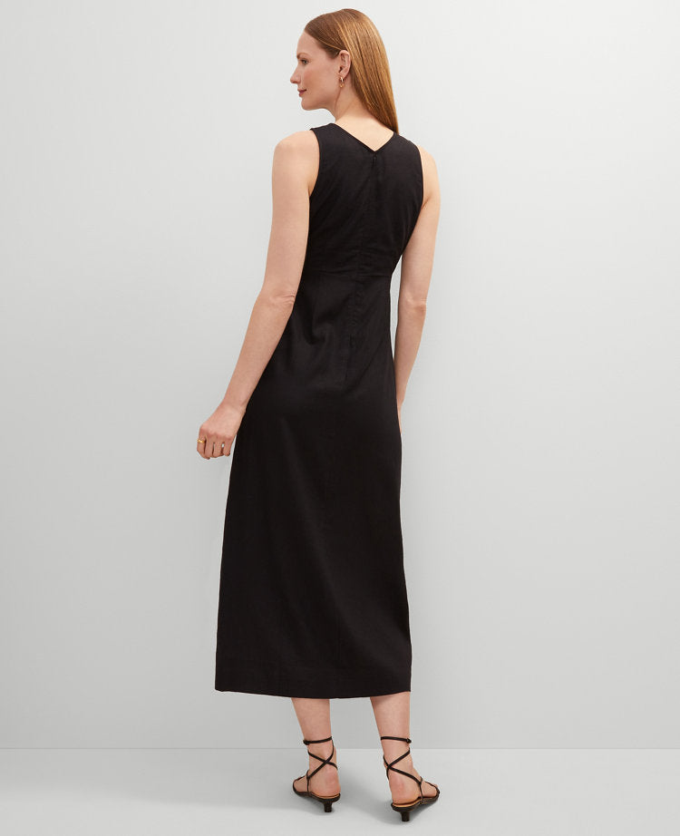 Linen Blend V-Neck Wrap Dress