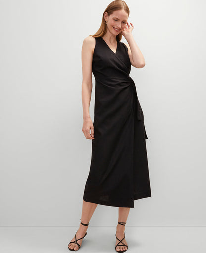 Linen Blend V-Neck Wrap Dress