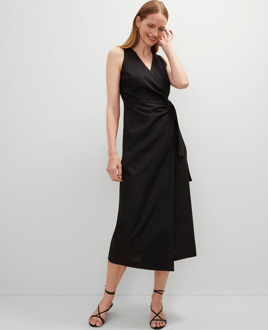 Linen Blend V-Neck Wrap Dress