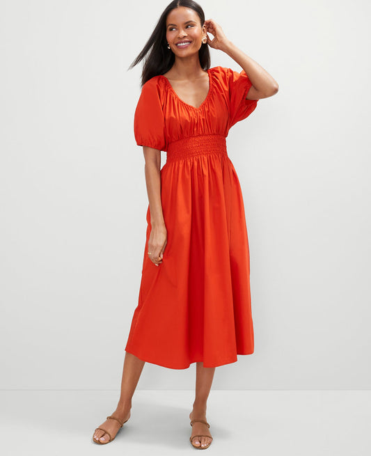 Petite Smocked Puff Sleeve Midi Dress