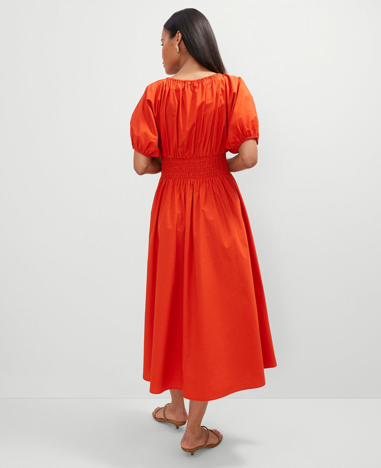 Petite Smocked Puff Sleeve Midi Dress