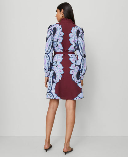Petite Paisley Ruffle Collar Flare Dress