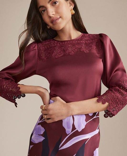 Petite Satin Lace Trim Top