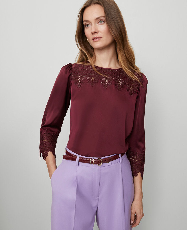 Petite Satin Lace Trim Top