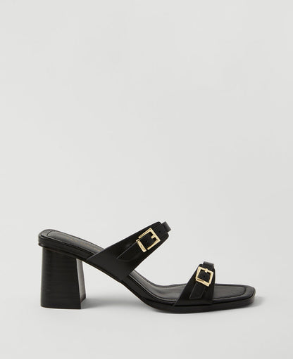 Double Strap Leather Block Heel Sandals