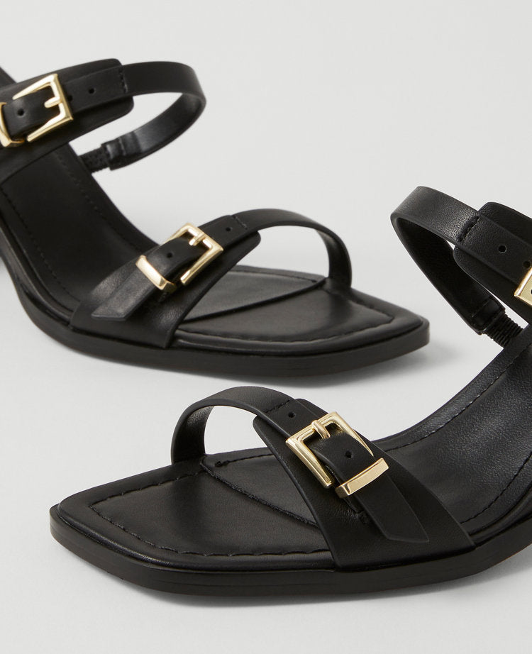 Double Strap Leather Block Heel Sandals