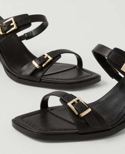 Double Strap Leather Block Heel Sandals