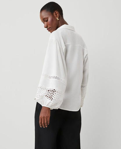 Petite Embroidered Linen Blend Puff Sleeve Blouse
