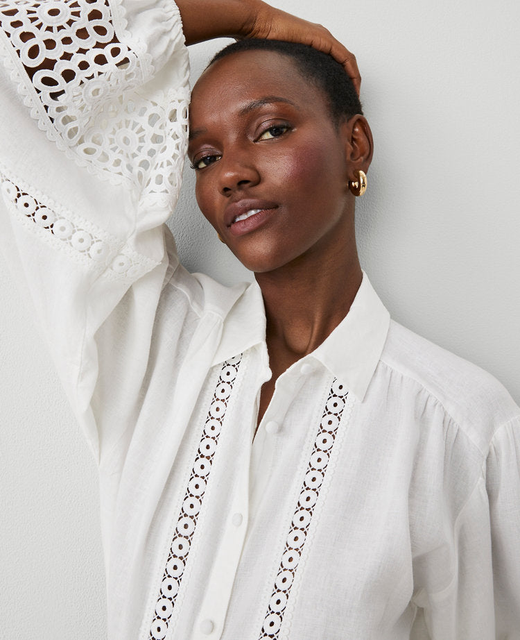 Petite Embroidered Linen Blend Puff Sleeve Blouse