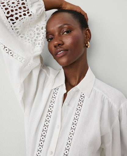 Petite Embroidered Linen Blend Puff Sleeve Blouse