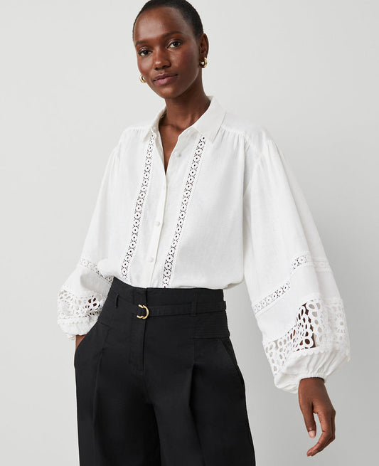Petite Embroidered Linen Blend Puff Sleeve Blouse