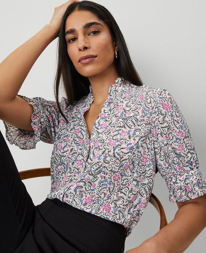 Petite Floral Ruffle Collar Blouse