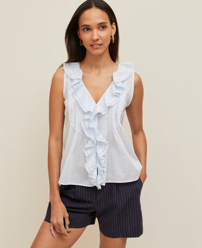 Pintucked Ruffle Sleeveless Top