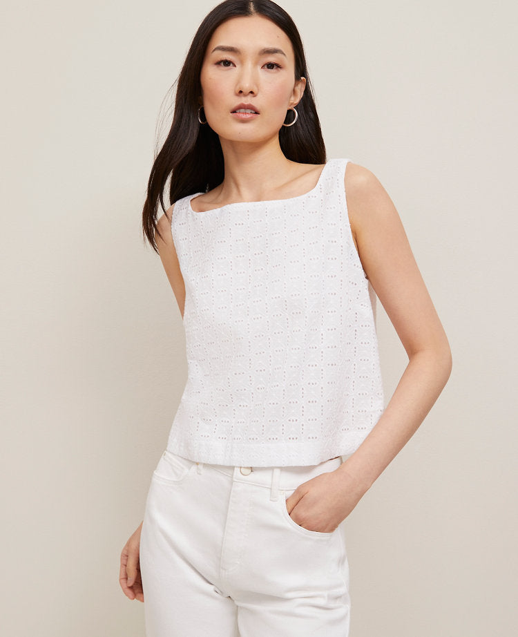Eyelet Linen Blend Tank Top