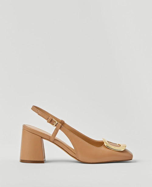 Leather Block Heel Buckle Slingback Pumps