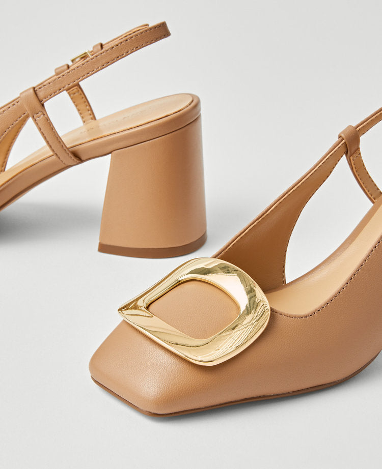 Leather Block Heel Buckle Slingback Pumps