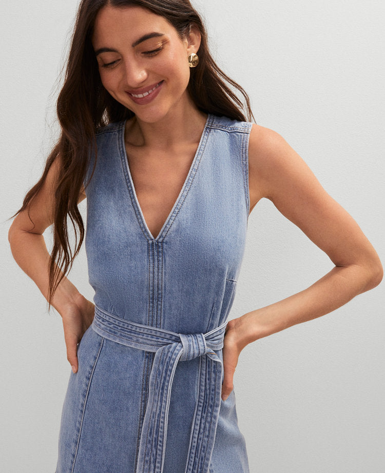 Petite Weekend Collection Belted Flare Denim Dress
