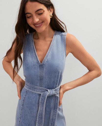 Petite Weekend Collection Belted Flare Denim Dress