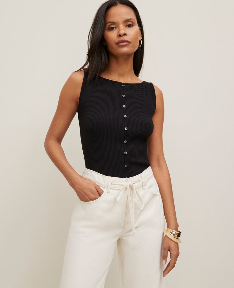 Petite Ribbed Sleeveless Button Top