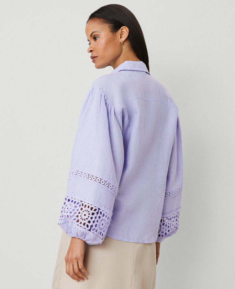 Petite Embroidered Linen Puff Sleeve Blouse