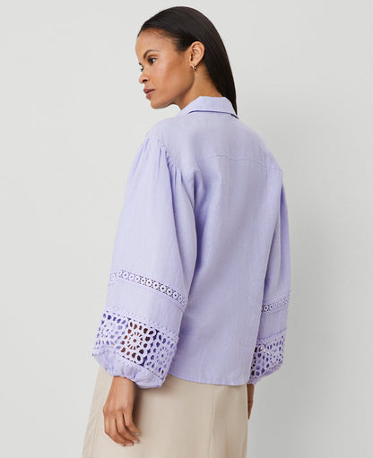 Petite Embroidered Linen Puff Sleeve Blouse