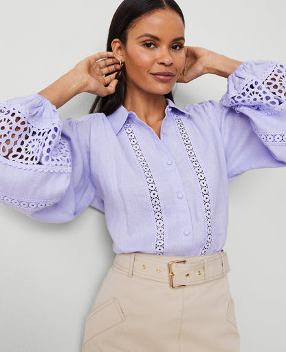 Petite Embroidered Linen Puff Sleeve Blouse