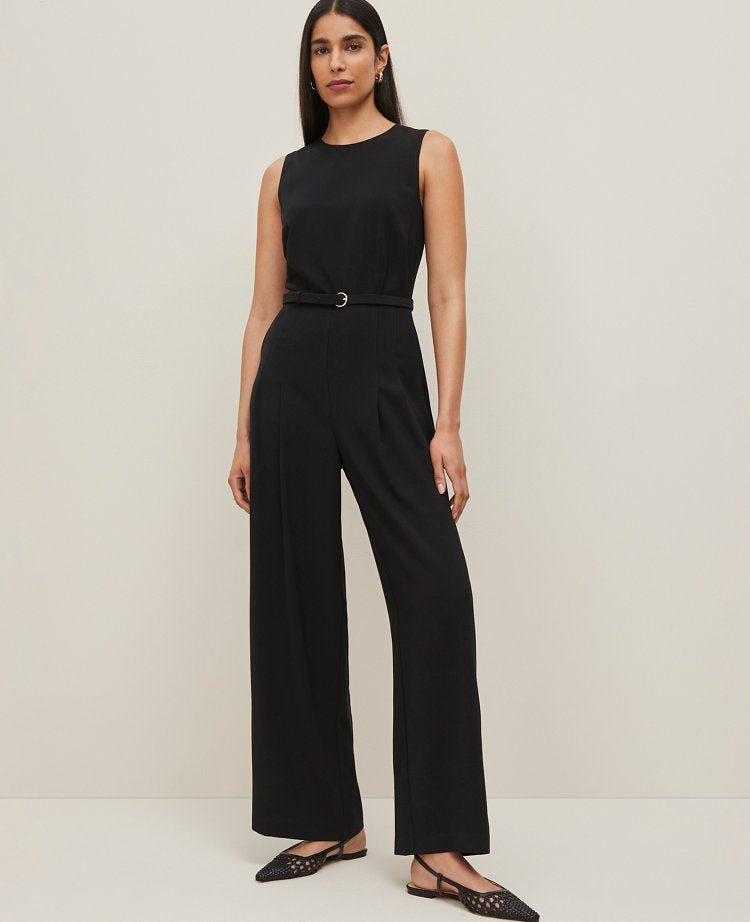 Petite Belted Crew Neck Jumpsuit