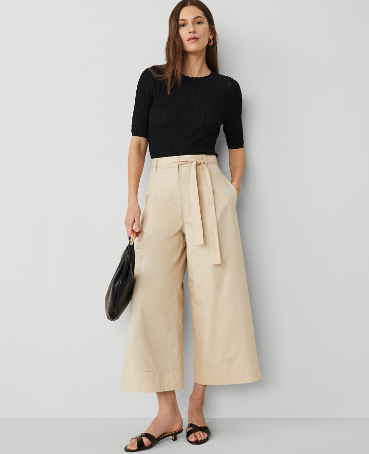 The Petite Belted Cropped Palazzo Pant in Poplin