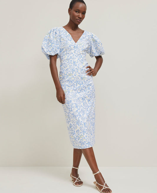 Petite Floral Linen Blend Puff Sleeve Sheath Dress