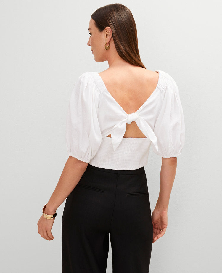 Petite Linen Blend Knotted Tie Back Blouse