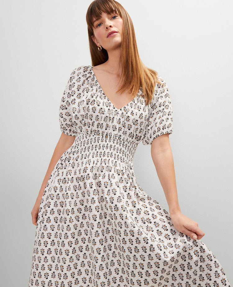 Floral Smocked Puff Sleeve Midi Dress