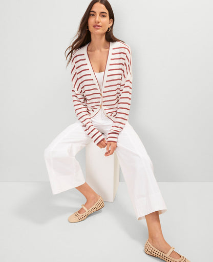 Linen Blend Striped V-Neck Cardigan
